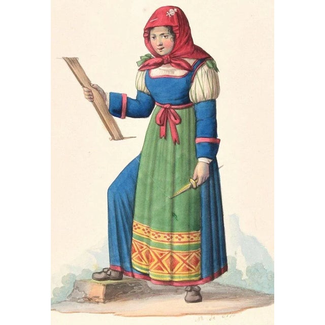 Woman in Costume - Original Ink Watercolor by M. De Vito - Early 1800 Early 19th Century For Sale - Image 3 of 3