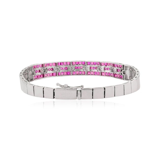 Metal Art Deco Style 4.8Ct Wide Ruby & Diamond Tennis Bracelet in 18k White Gold For Sale - Image 7 of 13