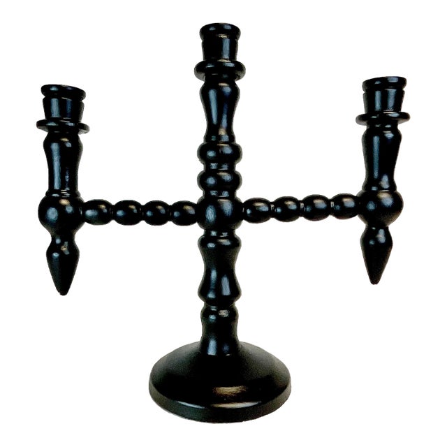 Cinco De Mayo - Vintage Boho Chic Mexican Ebonized Hand-Turned Wood 3-Arm Candelabra. For Sale