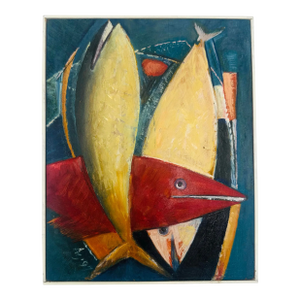 Colorful Abstract Painting of Fish, Framed