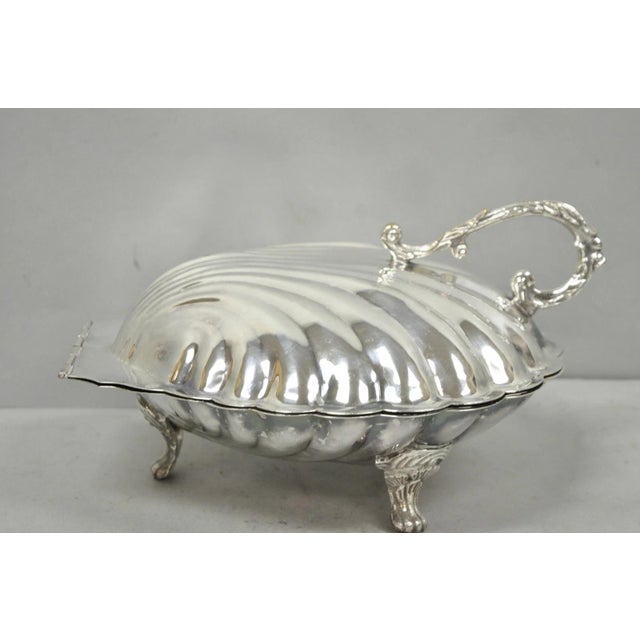 Vintage Regency Style Silver Plated Clam Shell Hinged Warmer With Floral Handle For Sale - Image 13 of 16