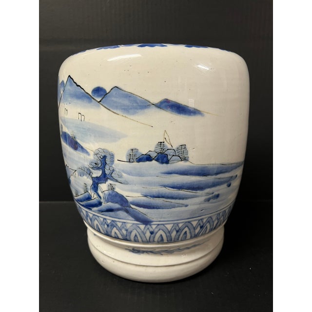 Late 20th Century Japanese Art Porcelain Blue and White Jardinier With Mountain Scenery Design For Sale - Image 4 of 12