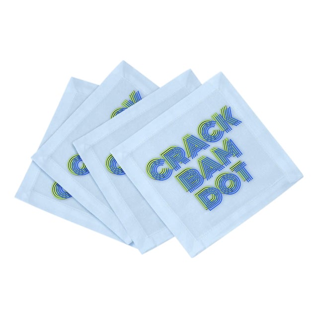 Mahjong Crack Bam Dot Blues Celery Cotton Sateen Cocktail Napkins, Set of 4 For Sale