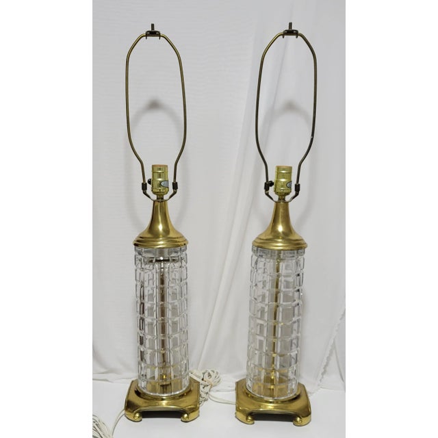 Stunning Pair of Dresden Hollywood Regency Style Lamps. Features a geometric shape on crystal similar to Tiffany Co.'s or...