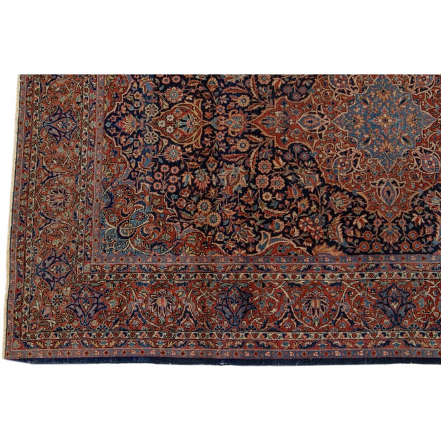 Early 20th Century Antique Persian Kashan Handmade Medallion Blue and Red Scatter Rug For Sale - Image 5 of 7