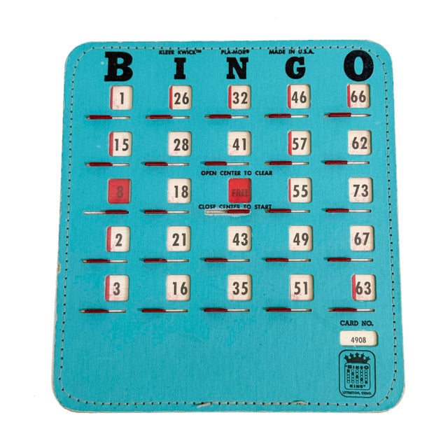 Authentic vintage Bingo King Pla-Mor sliding window bingo cards featuring classic red shutter windows—no chips required....