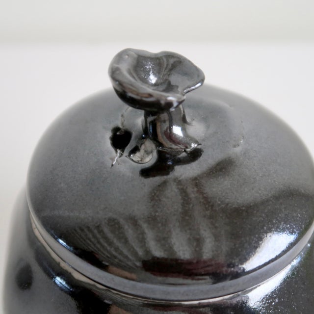 Late 20th Century Signed Studio Pottery Lidded Ceramic Round Jar With Abstract Floral Finial in Monochromatic Black Glaze For Sale - Image 5 of 16