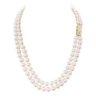 Akoya Pearl Diamond 2-Strand Gold Necklace 7.5 mm 19.25" Certified For Sale