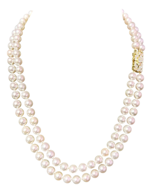 Akoya Pearl Diamond 2-Strand Gold Necklace 7.5 mm 19.25" Certified