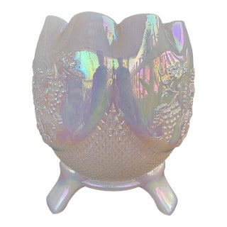 Vintage Fenton Pink Opalescent Carnival Glass Three-Footed Grape & Vine Rose Bowl For Sale