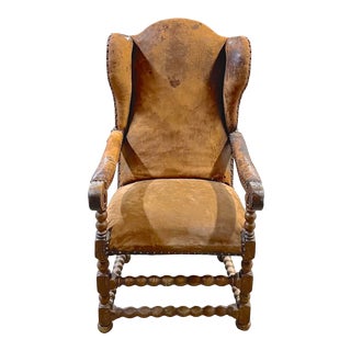 18th Century Antique Leather & Wood Winged Armchair For Sale