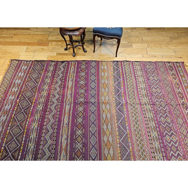 Mid 20th Century Vintage Moroccan Tribal Kilim, Handwoven Wool, Stripe Geometric Pattern, Purple & Yellow, 6x10 For Sale - Image 5 of 17