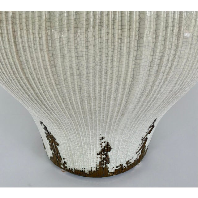 Unique Modern Large Cream Crackle and BRonze Glaze Lidded Jar , showroom floor sample