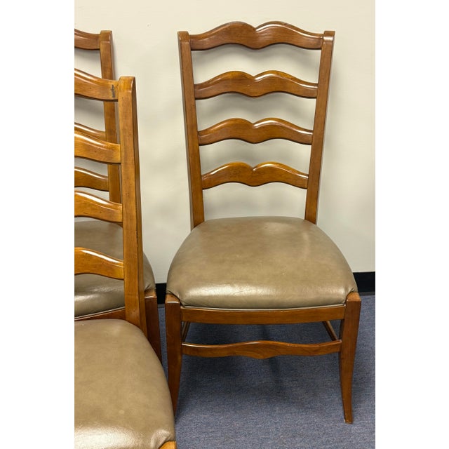 French Country Ethan Allen Ladderback Leather Upholstered Dining Chairs - Set of 4 For Sale - Image 3 of 12