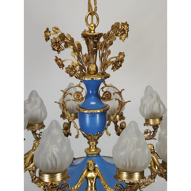 Antique Regency Regal Royal Blue Empire Cherubs Holding Torches Brass Chandelier For Sale - Image 12 of 12