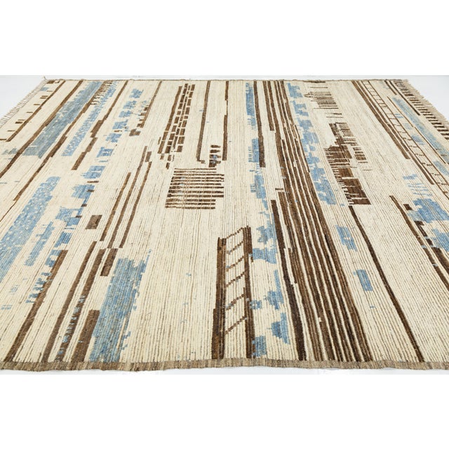 Contemporary Moroccan Style Wool Rug Abstract Cream Field With Blue Accents For Sale - Image 11 of 11