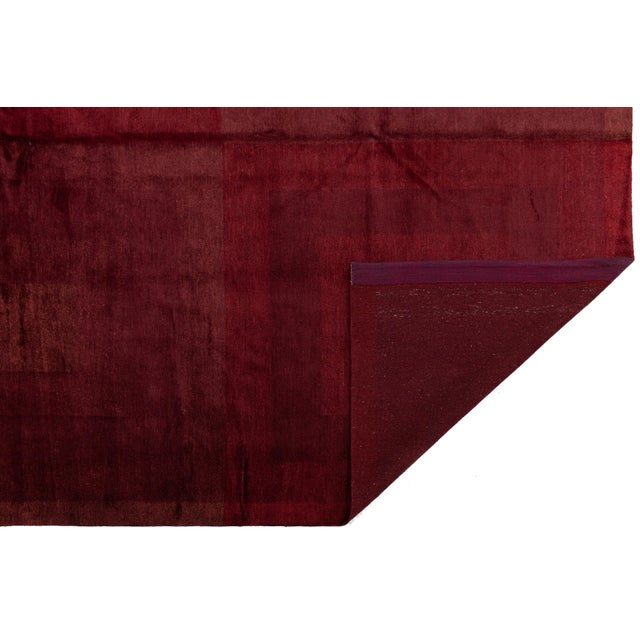 Modern Geometric Hand-Knotted Tibetan Wool & Silk Rug in Ruby Red and Burgundy For Sale - Image 9 of 10