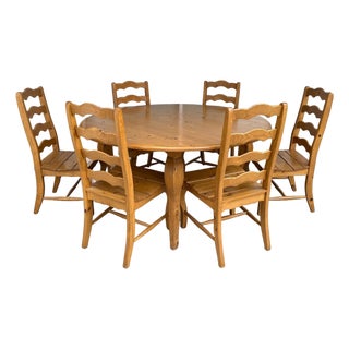 7 Piece Solid Pine Farmhouse Style Round Dining Set For Sale