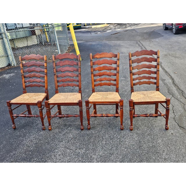 Late 20th Century Set of Six English Oak Faux Bamboo Mahogany Six-Splat Ladder Back Chairs With Rush Seats For Sale In Washington DC - Image 6 of 13