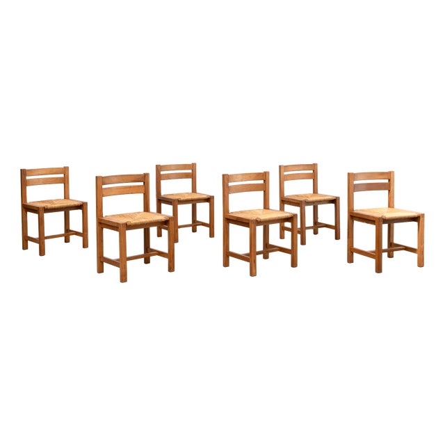 Vintage Chairs in Elm and Straw from Maison Regain, 1970s, Set of 6 For Sale