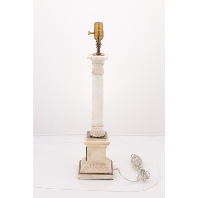Metal Antique Empire Alabaster Column Lamps With Brass Accents - a Pair For Sale - Image 7 of 7