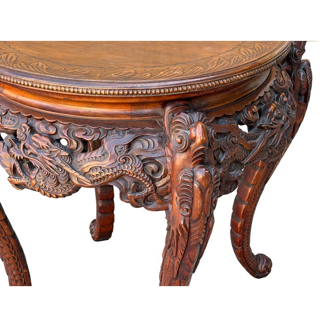Vintage Carved Solid Wood Dragon Round Plant Stand Display Accent Table For Sale - Image 9 of 13