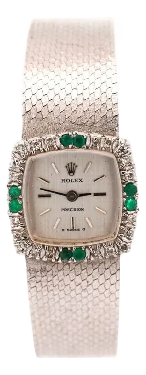 Rolex Precision Emerald & Diamond Bezel 18k White Gold Frosted Bracelet Watch