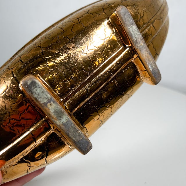 Metal 1960s Footed Ikebana Vase Mottled Gold Ceramic Boat For Sale - Image 7 of 10