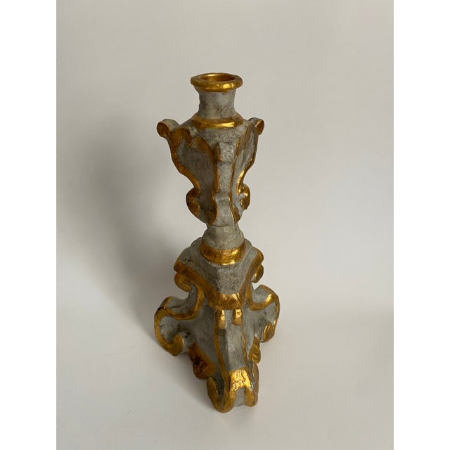 French Pair of Italian-Style Gray and Gilt Scrollwork Candlesticks For Sale - Image 3 of 4