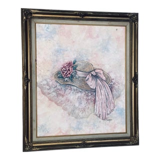 Vintage Floral Hat Wall Art Signed Cooper Textured Mixed Media Framed Artwork For Sale