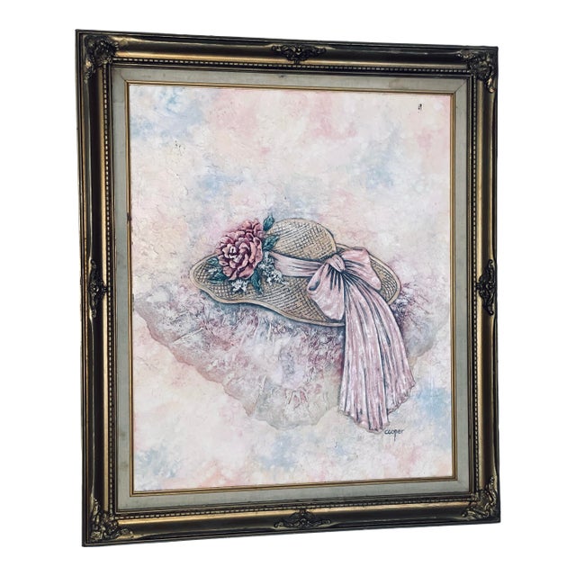 Vintage Floral Hat Wall Art Signed Cooper Textured Mixed Media Framed Artwork For Sale