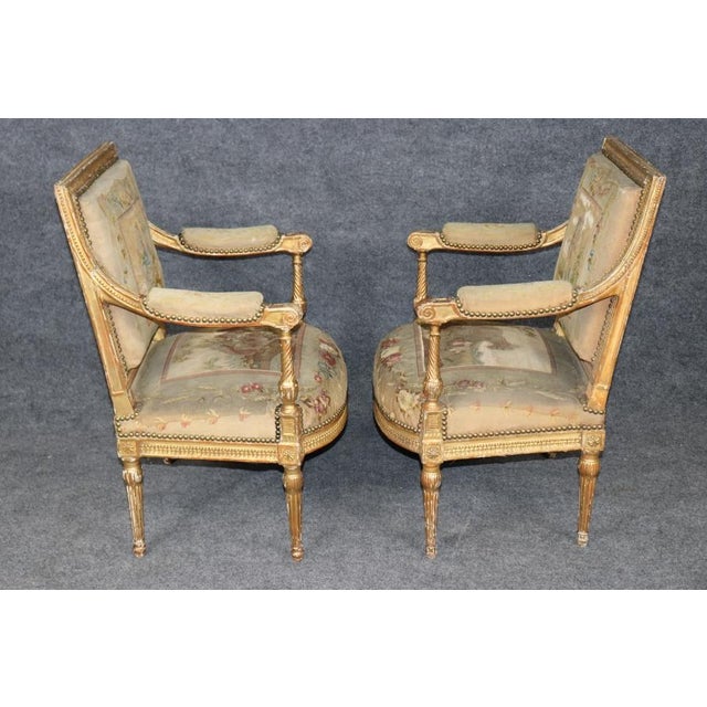 Pair 19th Century French Louis XVI Giltwood Aubusson Armchairs For Sale - Image 4 of 14