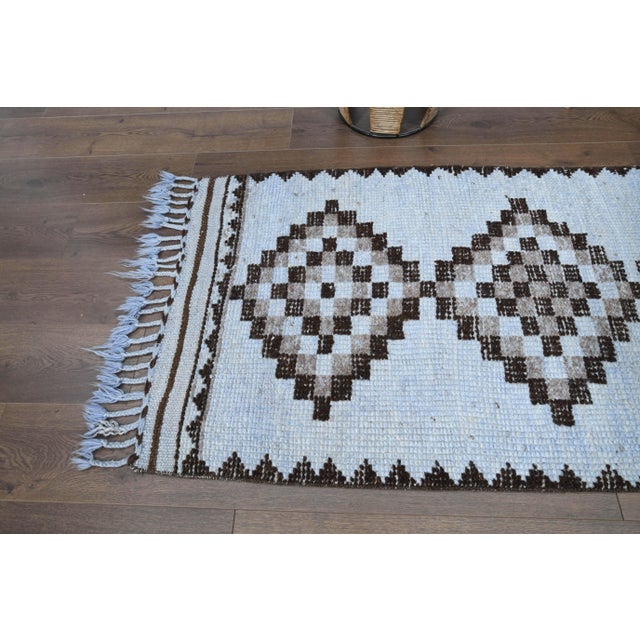 1970s Vintage Turkish Oushak Handmade Wool Cotton Blue Runner Rug For Sale - Image 10 of 11