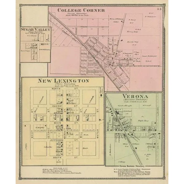 Antique map titled 'College Corner, Sugar Valley, New Lexington, Verona'. Original antique map of villages and communities...