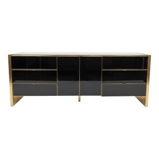 Ello Black Glass and Brass Dresser Credenza Sideboard, Vintage 1970s For Sale