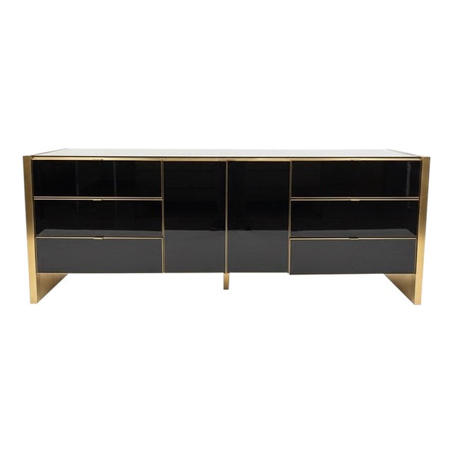 Ello Black Glass and Brass Dresser Credenza Sideboard, Vintage 1970s For Sale