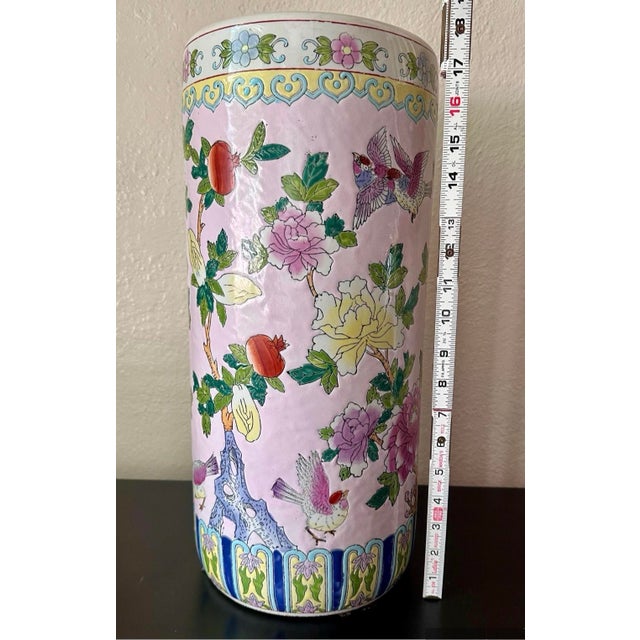 Mid-Century Pink Chinoiserie Hand Painted Floral and Bird Motif Umbrella Stand For Sale - Image 10 of 12