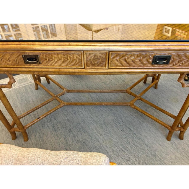Late 20th Century Rattan Midcentury British Colonial Campaign Style Desk & Chair Set For Sale - Image 5 of 10