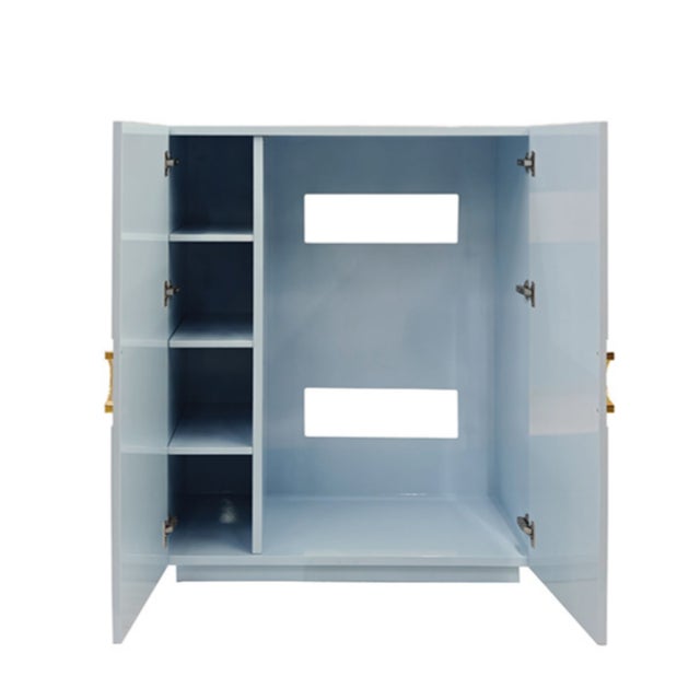 Contemporary Matthew Izzo Home Poppy Light Blue Lacquer Two Door Cabinet With Lattice Design and Brass Door Pulls For Sale - Image 3 of 5