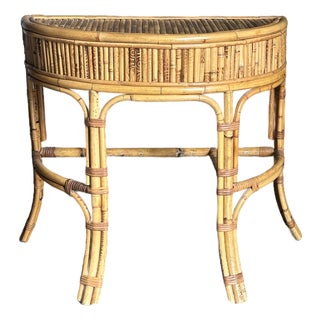 1970s Burnt Bamboo and Rattan Demilune Console Table For Sale