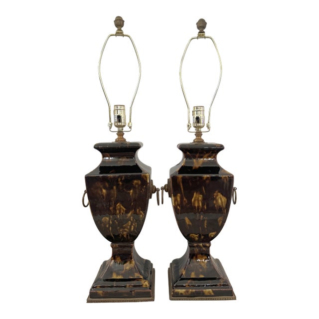 Contemporary Currey & Company Crestview Tortoise Shell Ceramic Neoclassical Table Lamps - Pair For Sale