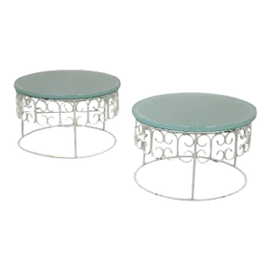 1960s Arthur Umanoff Style Wrought Iron Scroll Low Round Glass Top Side Tables - a Pair