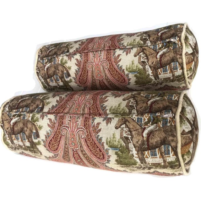 Textile P. Kaufmann Horse & Jockey Paisley Toile Bolster Pillows - a Pair For Sale - Image 7 of 8