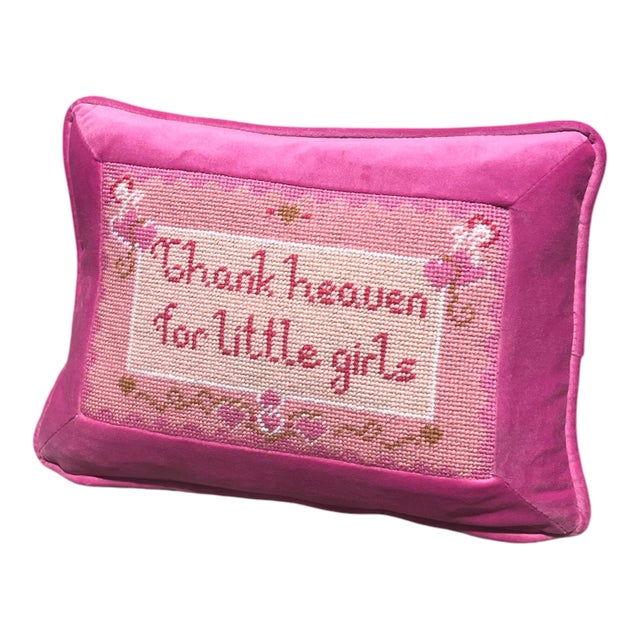 Contemporary Hand-Embroidered Needlepoint "Thank Heaven for Little Girls" One of a Kind Original Pillow For Sale - Image 3 of 4