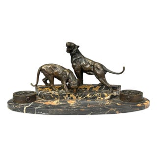 Art Deco, Inkwell Desk Set, Pen Holder, Marble, Bronze Panthers, 1920s For Sale