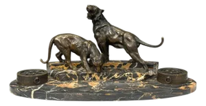 Art Deco, Inkwell Desk Set, Pen Holder, Marble, Bronze Panthers, 1920s