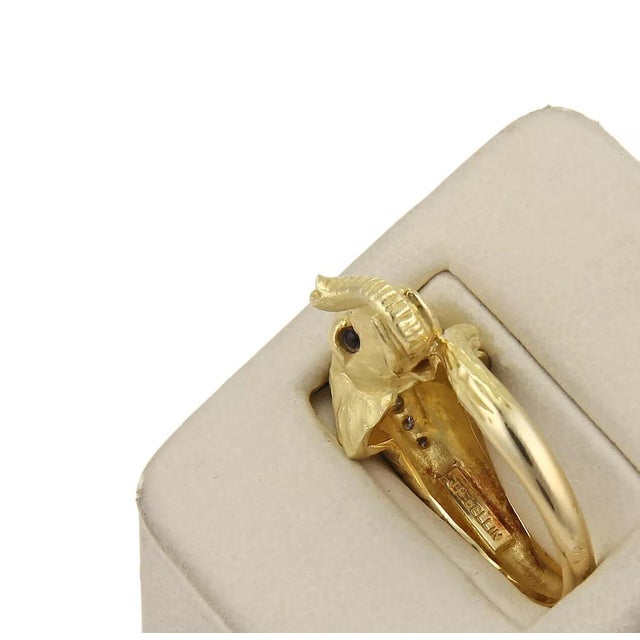 Late 20th Century Jean Pierre Bellin Diamond & Onyx 18k Yellow Gold Elephant Head Ring, Size 6 For Sale - Image 5 of 6