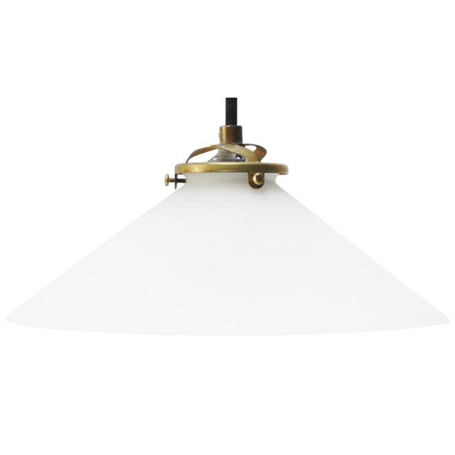 Industrial Mid-Century French White Mat Opaline Glass & Brass Pendant Light For Sale - Image 3 of 14