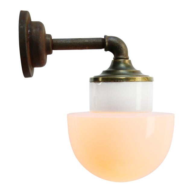 Mid-Century Modern Vintage Industrial White Opaline Glass, Brass, and Cast Iron Sconce For Sale - Image 3 of 9