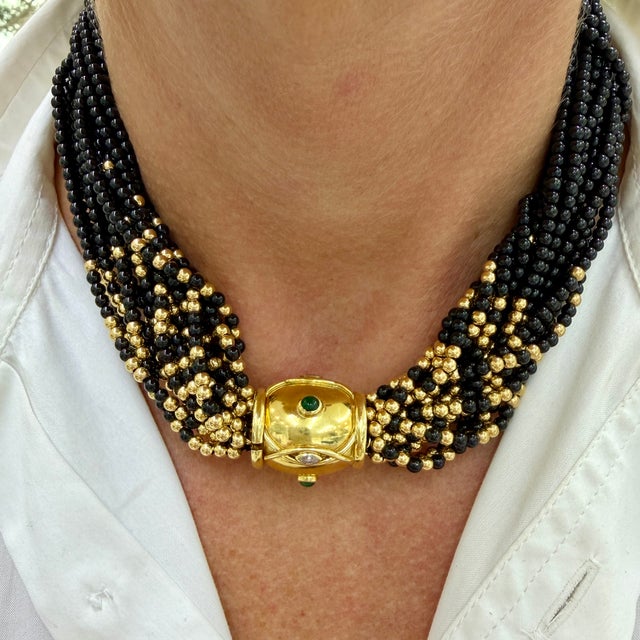Gold Vintage 14k Yellow Gold Emerald Diamond Multi Strand Onyx Bead Pendant Necklace For Sale - Image 8 of 8